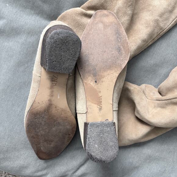 Zara Suede Over The Knee Boots Beige Tall Flat Heel Size 42 (11) - Picture 8 of 11